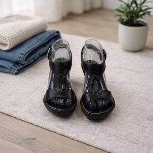 b.o.c Born Black Leather Strappy Wedge Sandals BC3341 Size 6